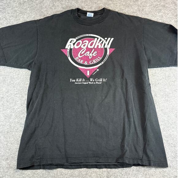 Vintage 90s Roadkill Cafe Bar & Skill Shirt Mens XL Black Backstreet Graphic Tee - Picture 1 of 7